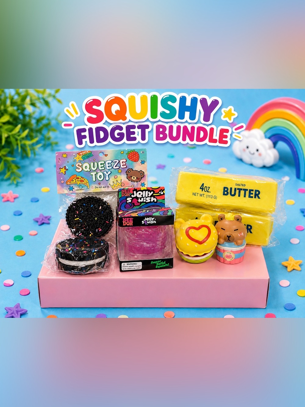 7 Squishy Fidget Bundle viral butter nee doh, cookies and to stress characters